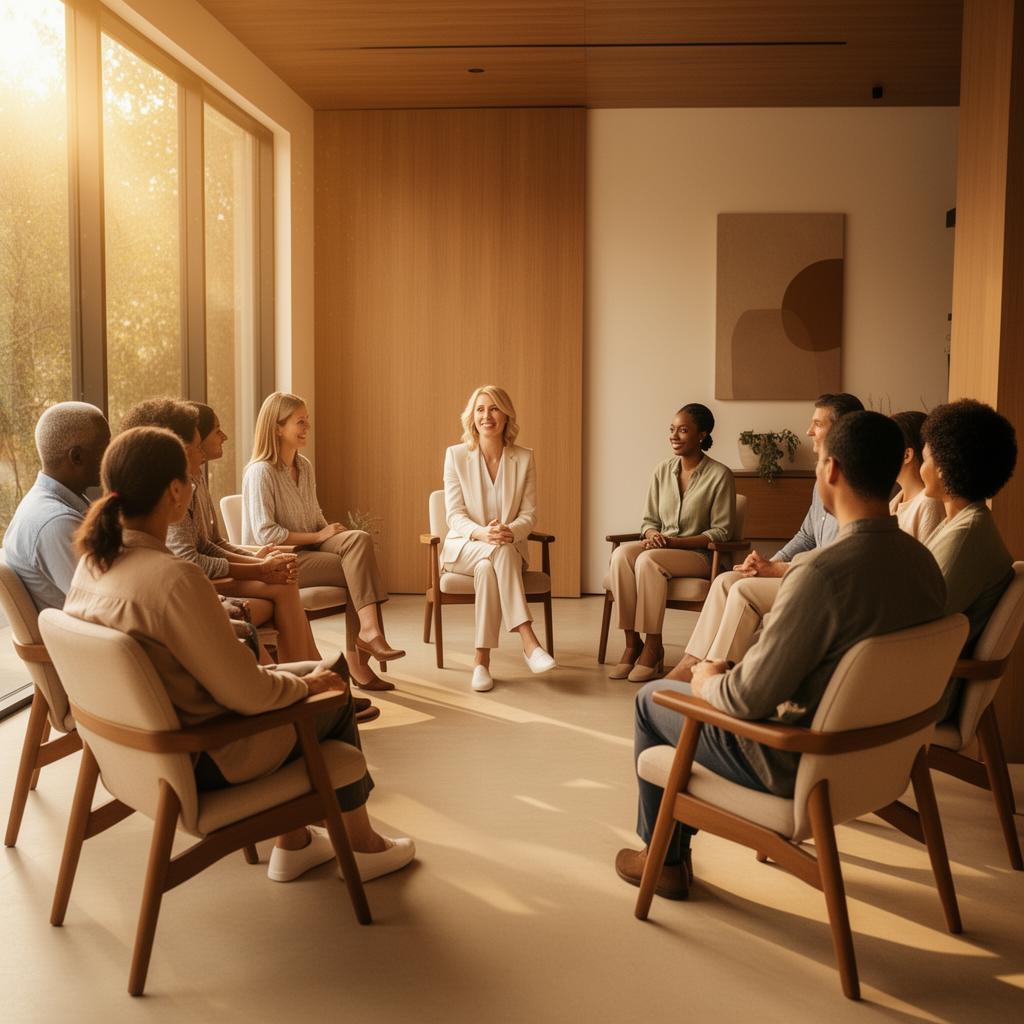 Modern therapy group session led by therapist