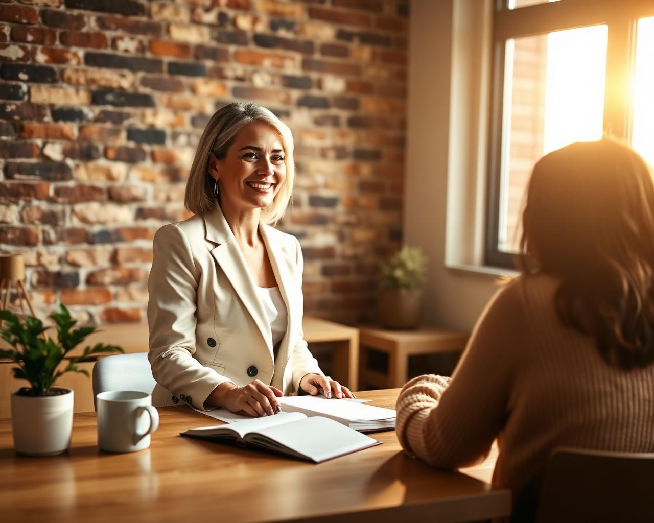 Female counselor meeting with a client at a wooden desk in a warm sunlit office
