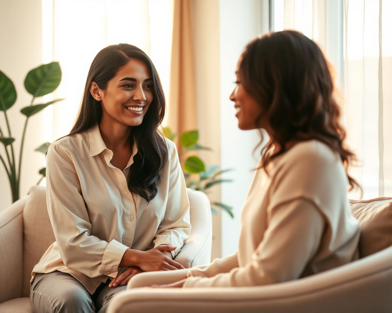 Therapist and client in warm, face-to-face conversation by a sunlit window